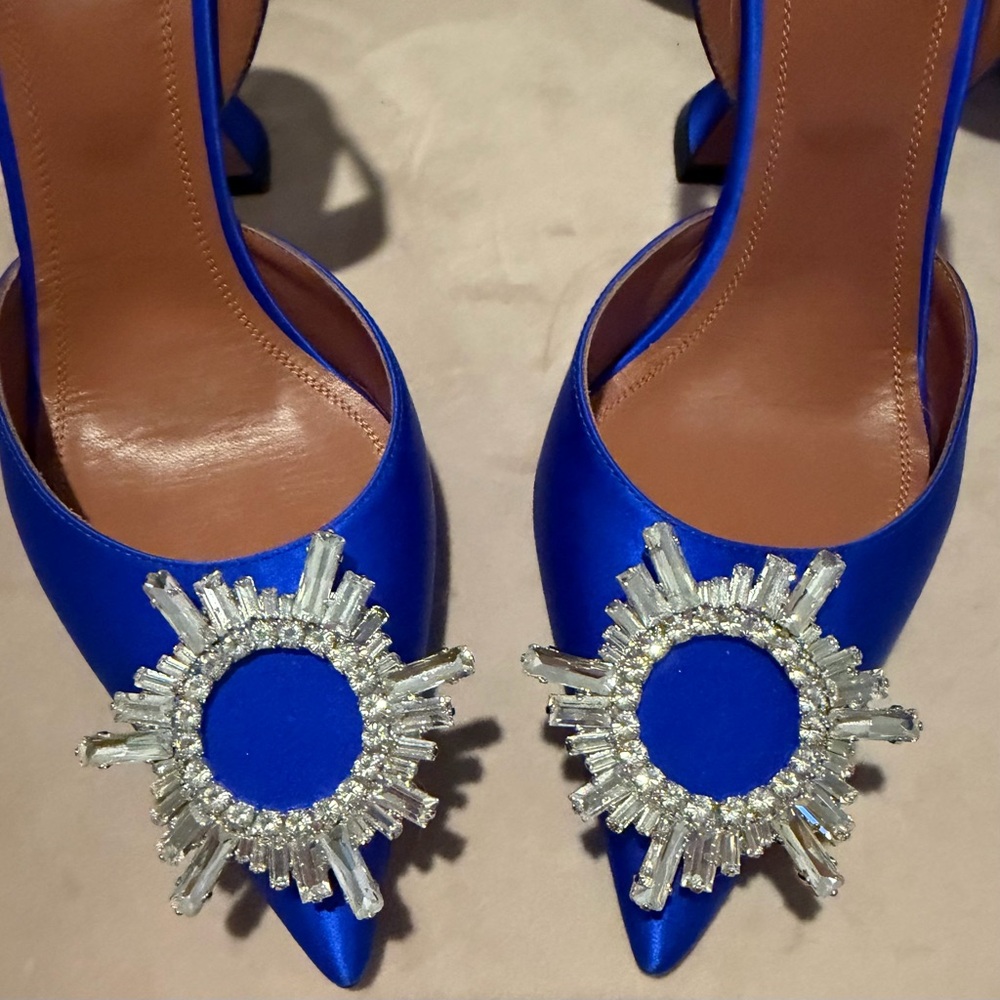 Amina Muaddi Begum Blue Heels with Crystal Embellishments